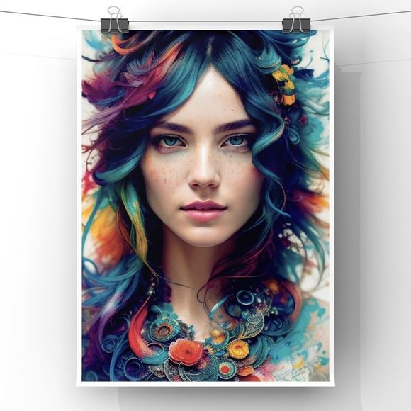 Wall Art print of girl portrait with abstract illustration in different colors - Picture 2 of 4